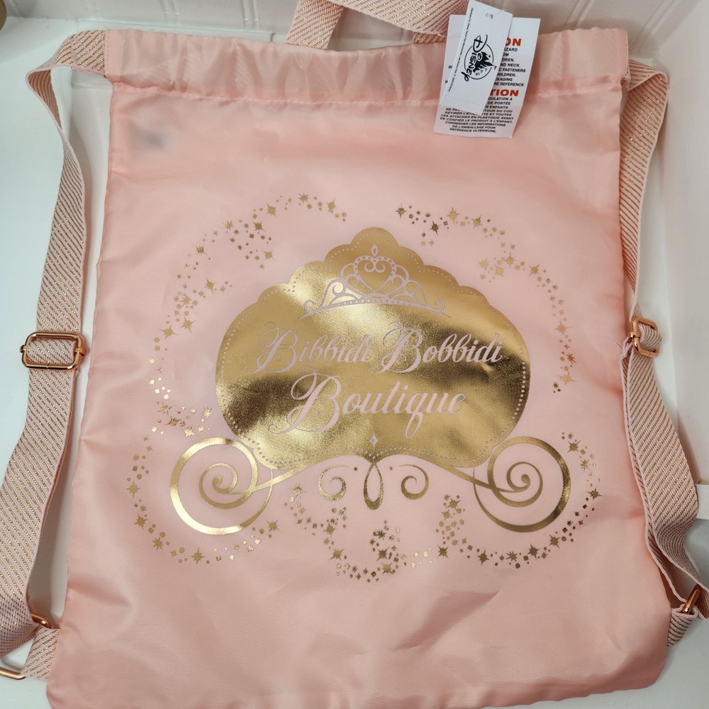 NWT Disney Bibbidi Bobbidi Boutique Drawstring Backpack Pink Gold Princess Bag